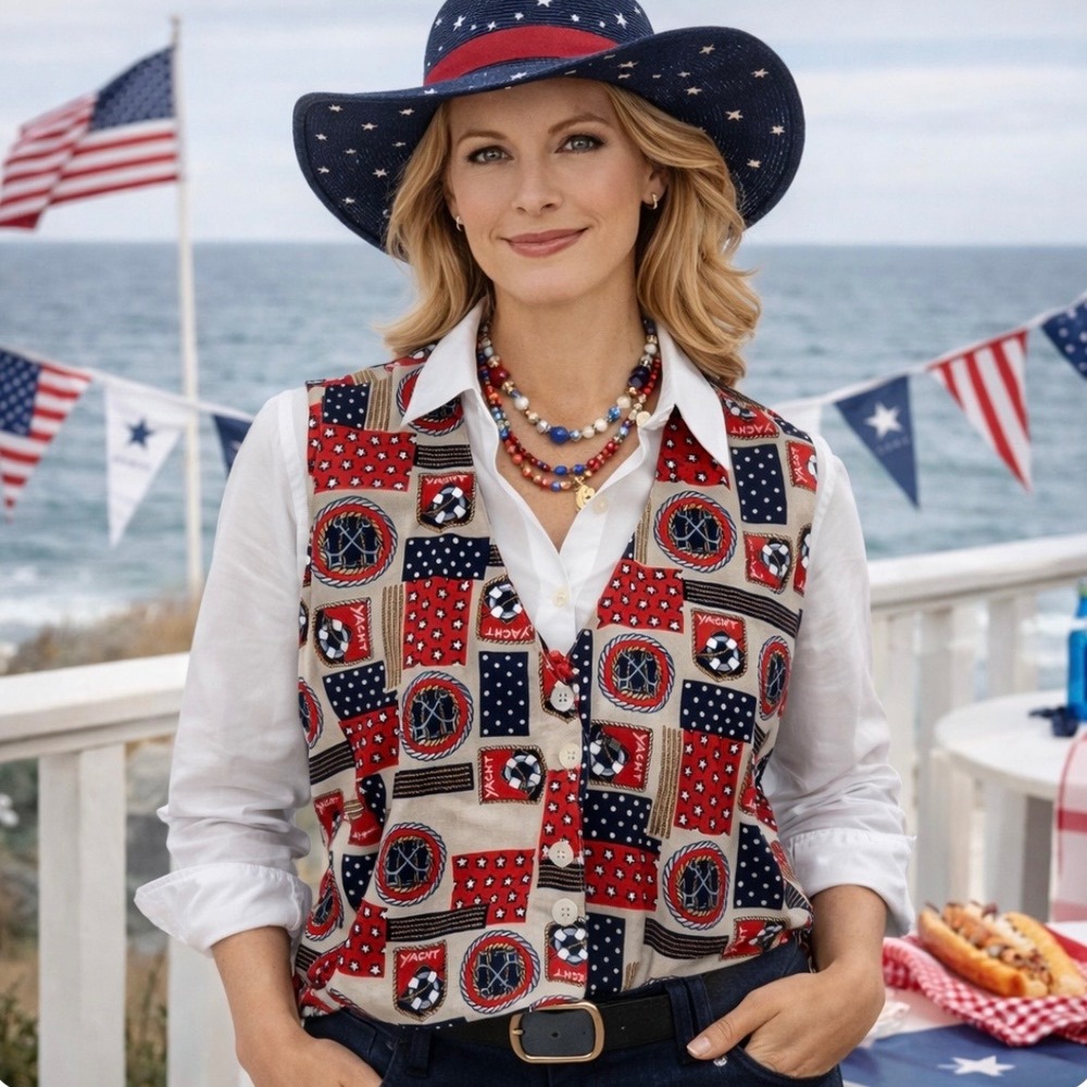 VTG Talbots Nautical Americana Tailored Vest L Yacht Anchor Stars Rayon Festival